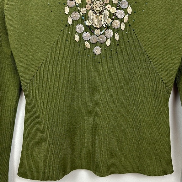 Green Ribbed Vintage Carraz Beverly Hills Embellished Sweater - Picture 5 of 9